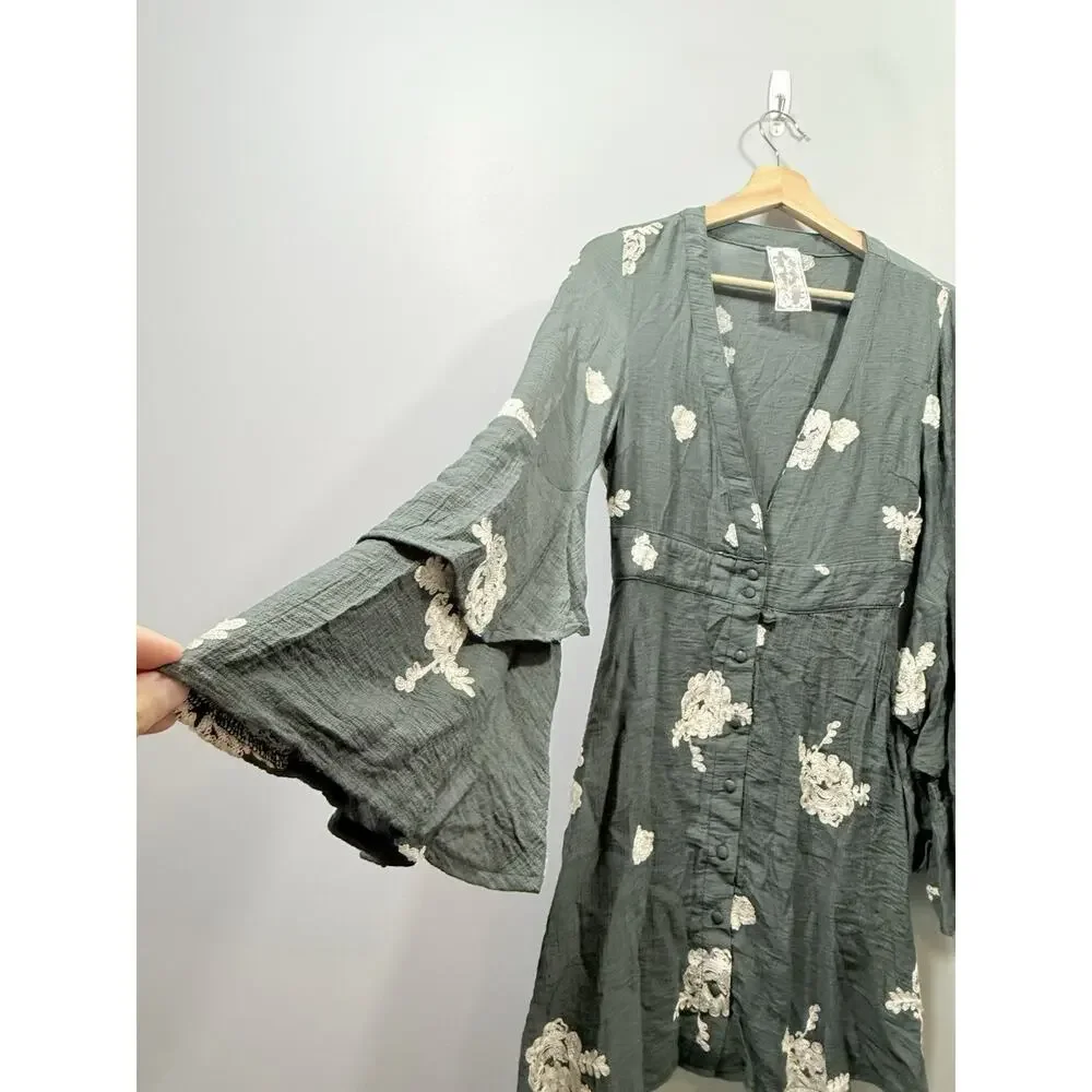 Sadie and Sage Green White Floral Embroidered V-Neck Bell Sleeve Dress